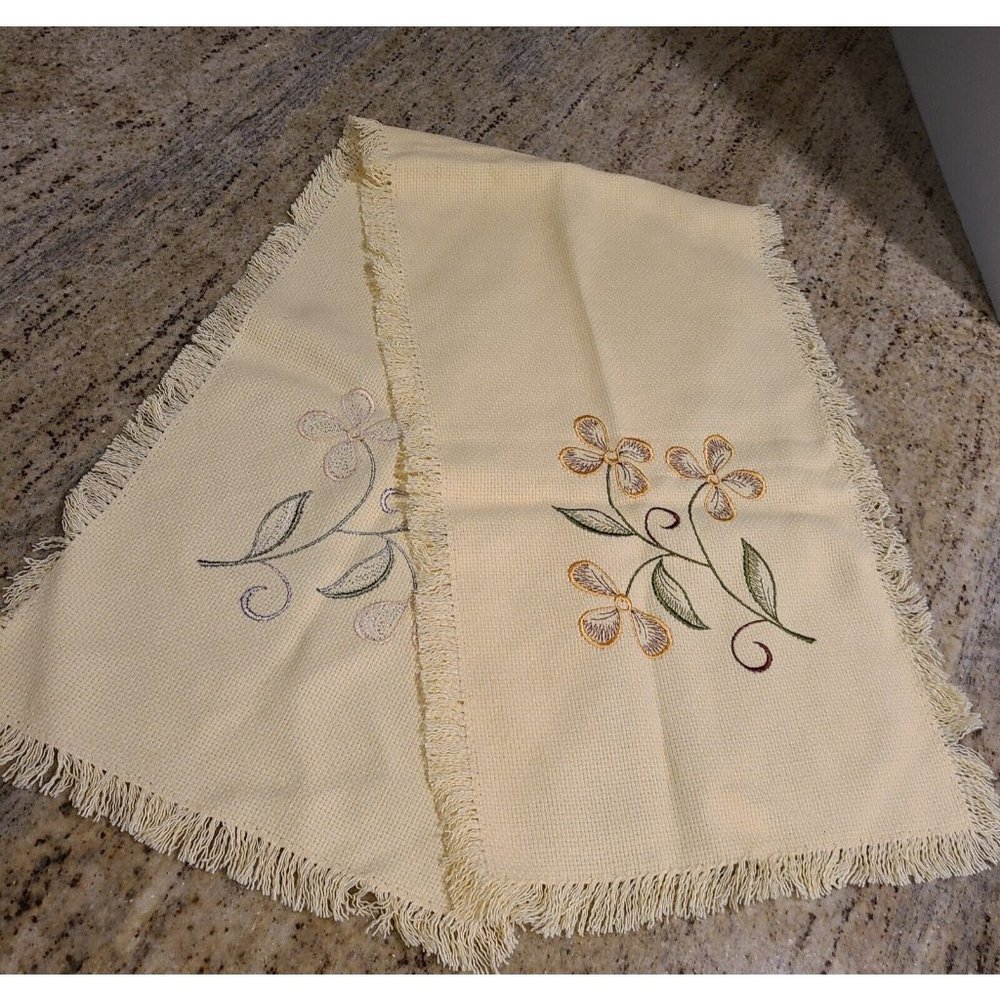 Vintage Woven Dresser Scarf 39x11 Embroidered Flower Yellow Fringe